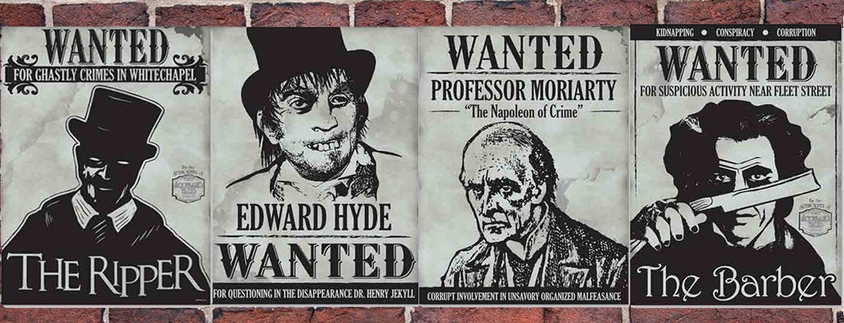 Image of four black and white wanted signs on brick wall. 