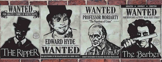 Image of four black and white wanted signs on brick wall. 