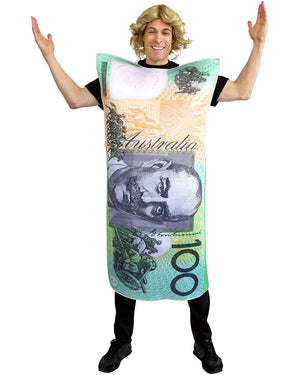 Person wearing a costume designed like an Australian $100 banknote.