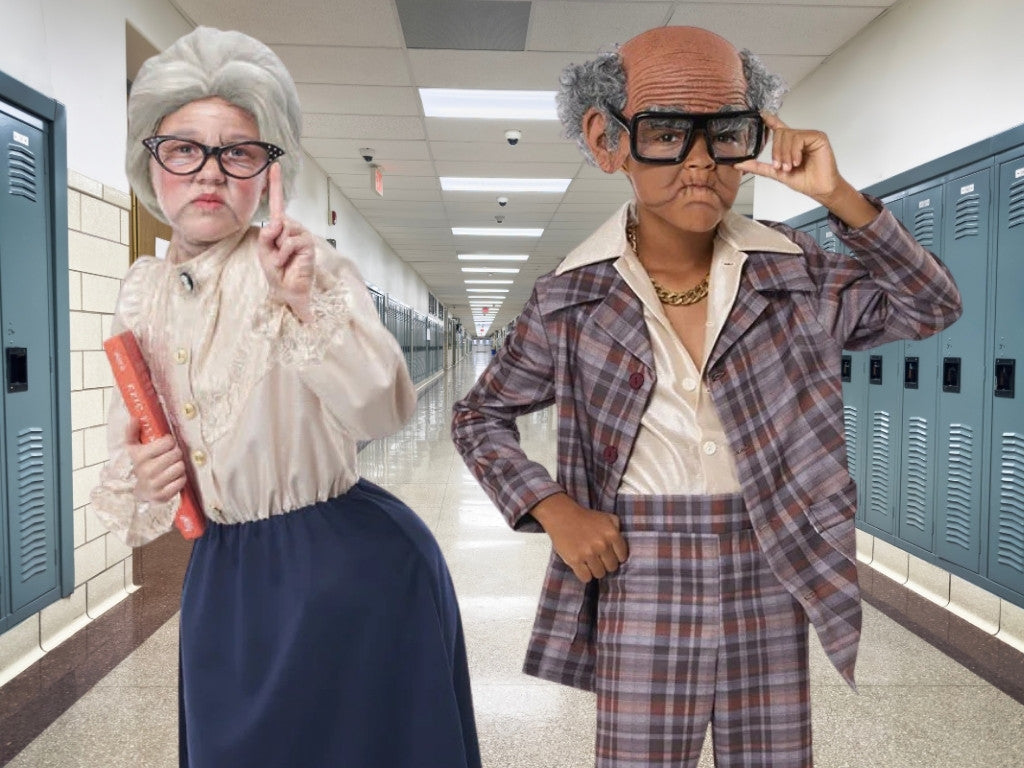 A school corridor background with a girl and boy in 100 Days Of School Costumes. Click to shop the full collection.