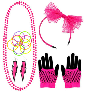 Neon Pink 80s Headband Necklace Earrings Gloves and Bracelets Set