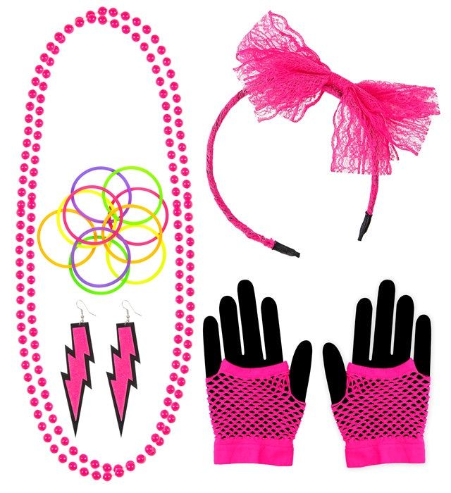 Neon Pink 80s Headband Necklace Earrings Gloves and Bracelets Set