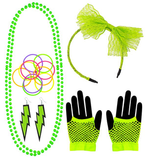 Neon Green 80s Headband Necklace Earrings Gloves and Bracelets Set