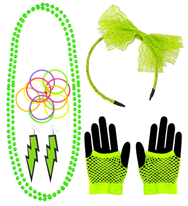 Neon Green 80s Headband Necklace Earrings Gloves and Bracelets Set