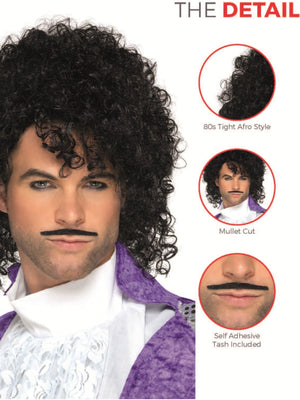 80s Purple Musician Black Wig and Moustache Set
