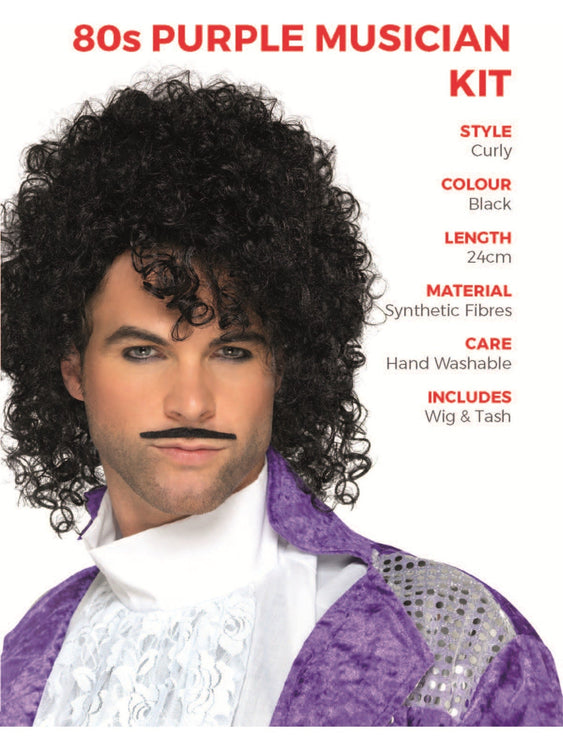 80s Purple Musician Black Wig and Moustache Set