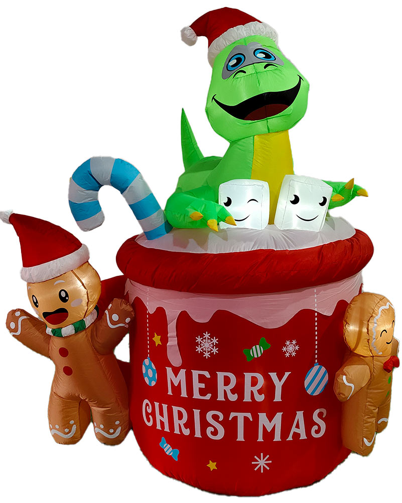 Dinosaur Gingerbread Man Cocoa Mug Christmas Lawn Inflatable 1.8m
