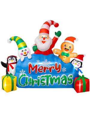 Santa with Penguins Snowman and Gingerbread Merry Christmas Banner Lawn Inflatable 2.4m