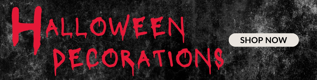A black background with red dripping paint font that says "Halloween Decorations" and a beige shop now button. Click to shop all Halloween Decorations.