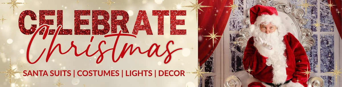 A Christmas banner featuring Santa Claus, seated on an ornate silver throne with red curtains and a snowy window background. The top text reads "CELEBRATE Christmas - SANTA SUITS | COSTUMES | LIGHTS | DECOR" with a red "SHOP NOW" button. Click to shop all Christmas costumes and accessories.