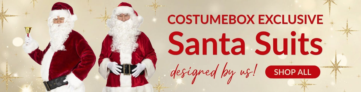 A champagne gold background with gold sparkly stars. Text saying "CostumeBox Exclusive Santa Suits, designed by us!" and a shop all button with two Santas. 