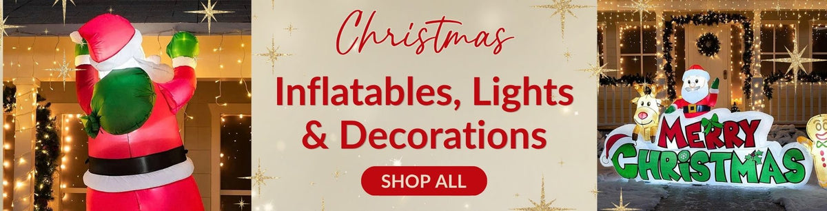 A champagne gold background with gold sparkles featuring an inflatable Santa climbing a house on the left, an outdoor "Merry Christmas" inflatable yard display on the right, and center text reading "Christmas Inflatables, Lights & Decorations" with a red "Shop All" button. Click to shop all Christmas Decorations.