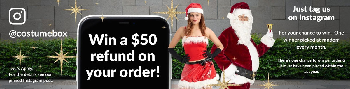 Mobile banner promoting an Instagram giveaway by CostumeBox where users can win a $50 refund on their order by tagging @costumebox. Features a smartphone screen showing the offer, a woman in a red Santa mini-dress costume, and Santa Claus standing against a brick wall with decorative gold stars. T&C's apply.