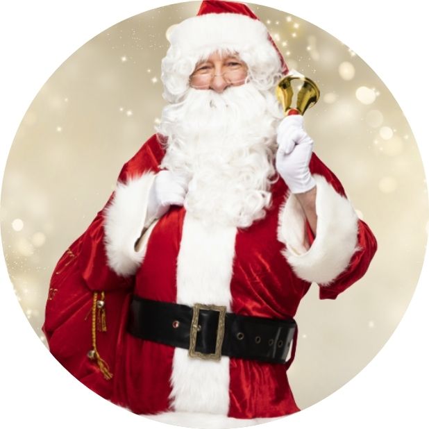 A champagne gold circle with Santa in the middle. Click to shop all Christmas Santa Suits.