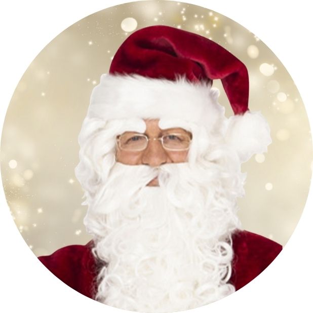 A champagne gold circle with a close up of Santas face. He's wearing his iconic hat, beard and glasses. Click to shop all Christmas Accessories. 