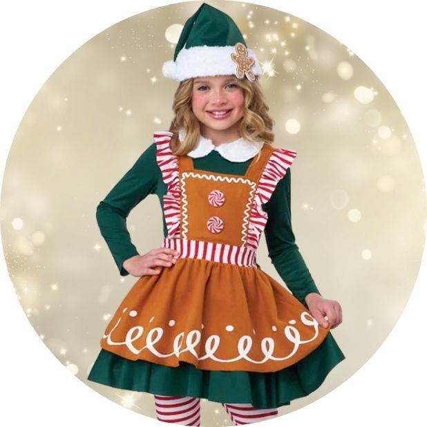A champagne gold circle with a girl wearing a gingerbread elf costume. Click to shop all Kids Christmas Costumes. 