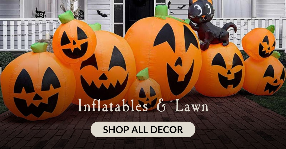 A halloween lawn inflatable in front of a house with 8 pumpkins and one black cat. with the words Inflatables and Lawn. Click to shop all Halloween Decor.
