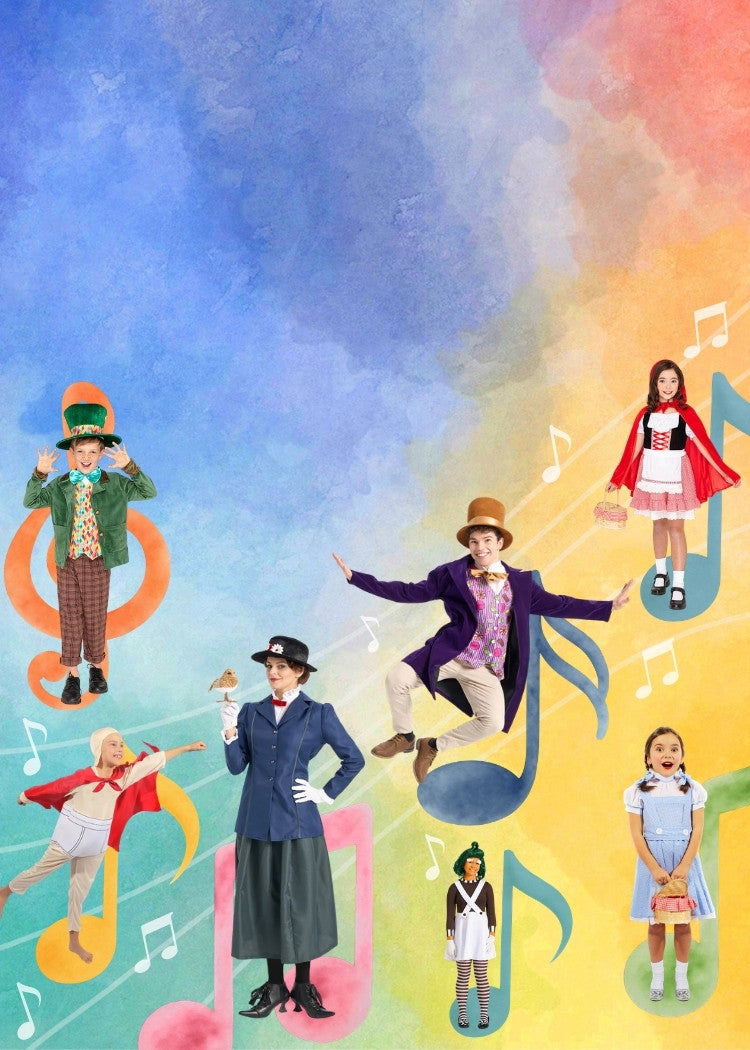 A colorful Book Week banner featuring children in various literary character costumes jumping and posing across a vibrant, rainbow-colored background with musical notes and staff lines. Characters featured: Chocolate Factory Owner Deluxe Costume, Underwear Hero Kids Costume, Musical Nanny Deluxe, Storybook Red Riding Hood Girls Costume, Girl from Oz Deluxe Girls Costume, Maddest Hatter Kids Costume & the Chocolate Factory Worker Deluxe Girls Costume. Click to shop all Book Week Costumes.