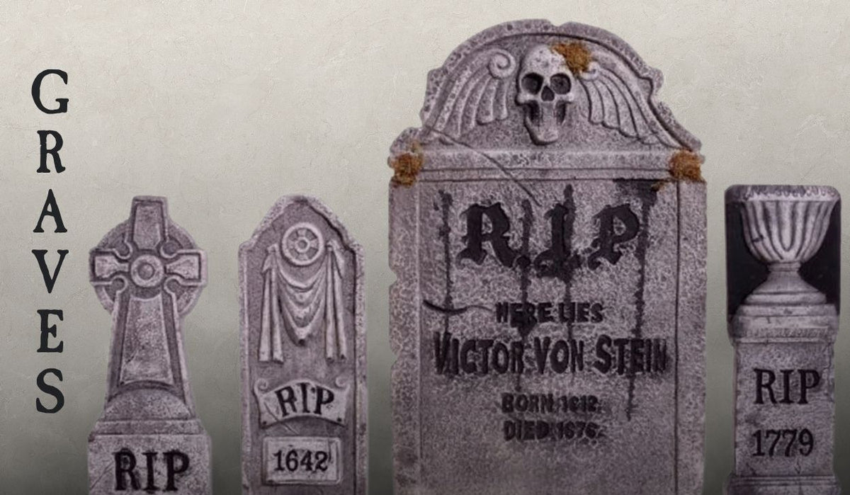 Halloween promotional graphic featuring four weathered grey tombstones of varying designs lined up against a plain backdrop, with the vertical text "GRAVES" on the left side. Click to shop all Halloween Graves.