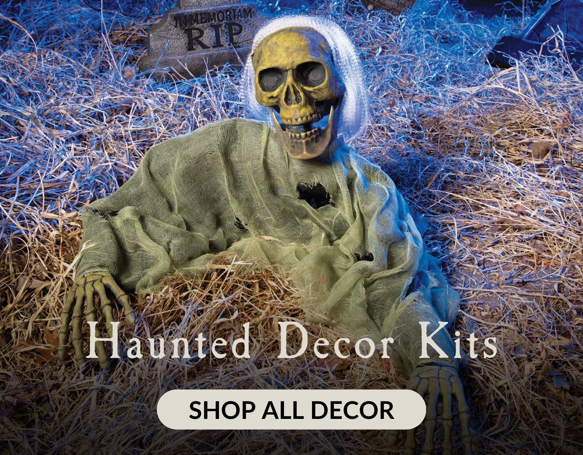 A zombie skeleton Halloween prop in a garden with the heading Haunted Decor Kits. Click to shop all Decor.
