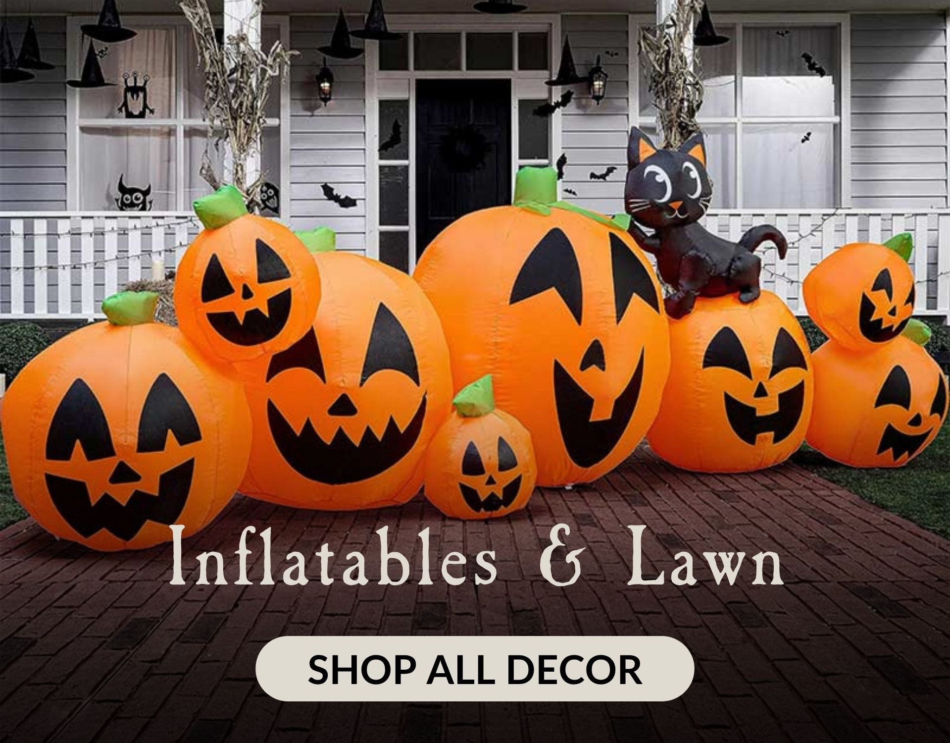 A halloween lawn inflatable in front of a house with 8 pumpkins and one black cat. with the words Inflatables and Lawn. Click to shop all Halloween Decor.