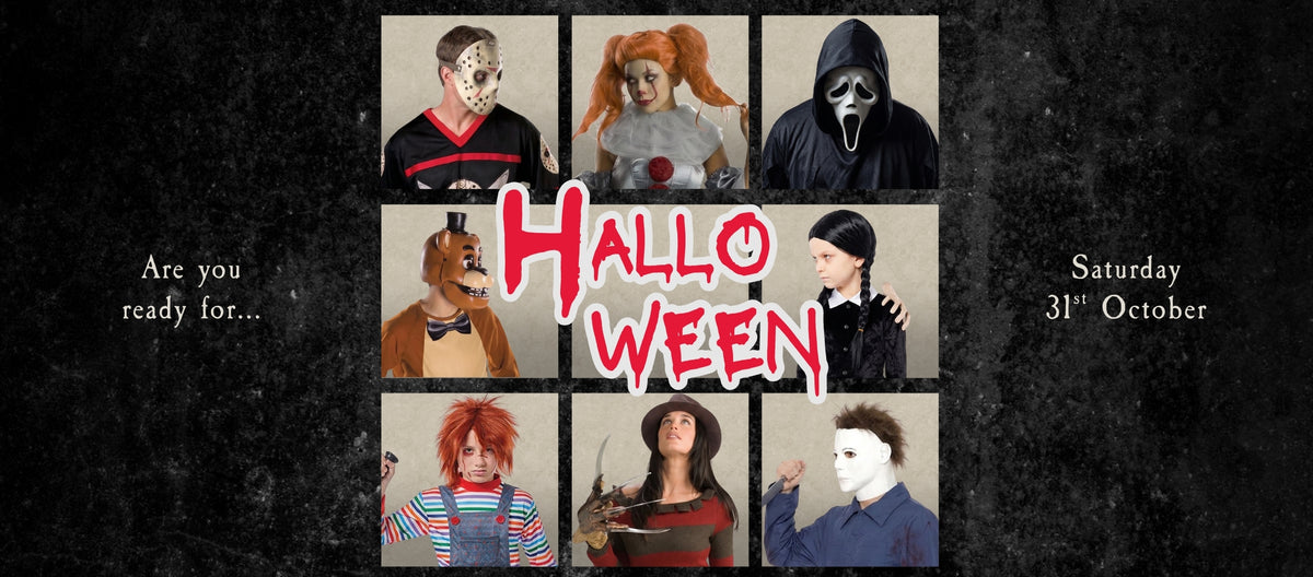 A dark, textured Halloween banner featuring a grid of eight popular horror character costumes with red dripping text in the center reading "Halloween". The top row shows Jason Voorhees, Pennywise, and Ghostface. The middle row shows Freddy Fazbear, the central "Halloween" text block, and Wednesday Addams. The bottom row shows Chucky, Freddy Krueger, and Michael Myers. On the left side of the banner, reads "Are you ready for...", and on the right side, white text reads "Saturday 31st October".  Click to shop