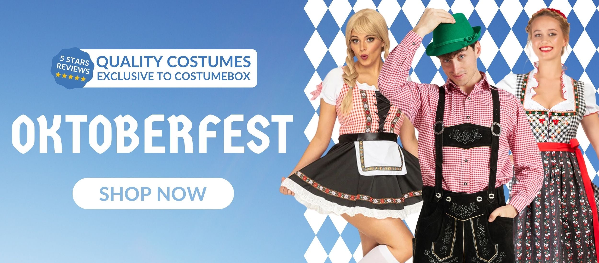 Three models wearing CostumeBox Oktoberfest costumes, including two women in dirndls and a man in lederhosen adjusting a green alpine hat, set against a blue sky and Bavarian diamond background with text reading "Oktoberfest - Quality Costumes Exclusive to CostumeBox" and a "Shop Now" button.