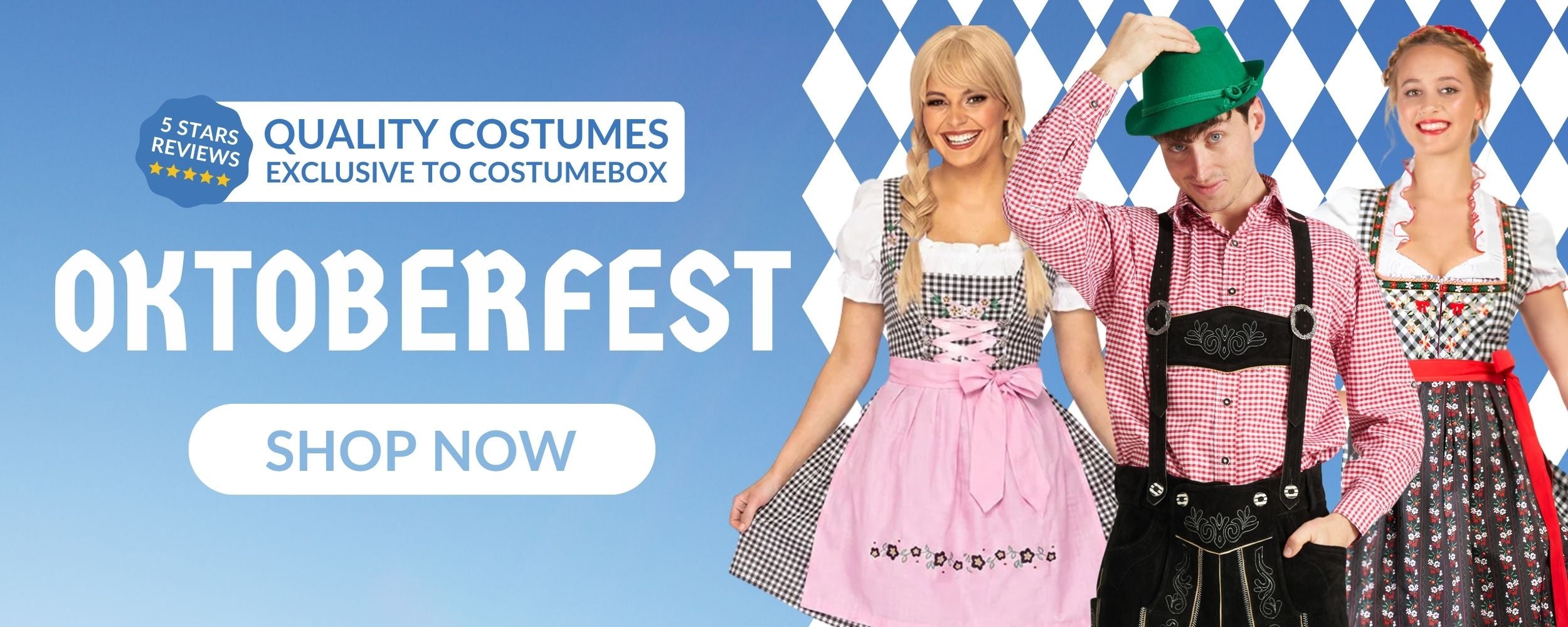 Three models wearing CostumeBox Oktoberfest costumes, including two women in dirndls and a man in lederhosen adjusting a green alpine hat, set against a blue sky and Bavarian diamond background with text reading "Oktoberfest - Quality Costumes Exclusive to CostumeBox" and a "Shop Now" button.