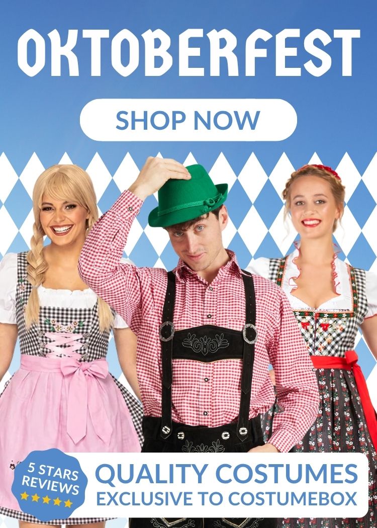 Three models wearing CostumeBox Oktoberfest costumes, including two women in dirndls and a man in lederhosen adjusting a green alpine hat, set against a blue sky and Bavarian diamond background with text reading "Oktoberfest - Quality Costumes Exclusive to CostumeBox" and a "Shop Now" button.