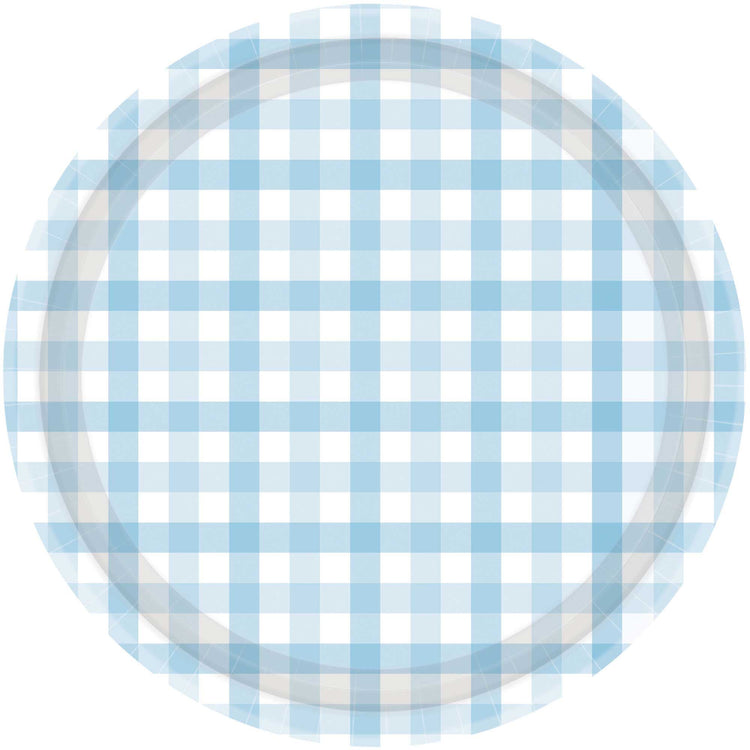 Gingham 23cm Paper Plate Pastel Blue Pack of 8