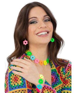 60s Neon Flower Power Necklace Bracelet and Earrings Jewellery Set