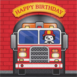 FLAMING FIRE TRUCK LUNCHEON NAPKIN HAPPY BIRTHDAY