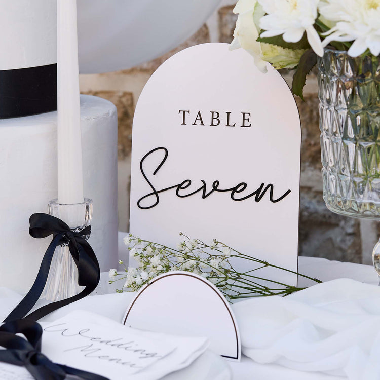 Monochrome Wedding Arch Card Table Numbers With Acrylic 3D Letters