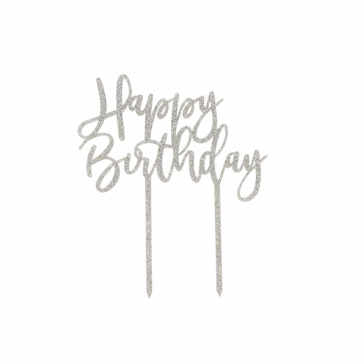 Metallic Mix Up Silver Glitter Happy Birthday Glitter Acrylic Cake Topper