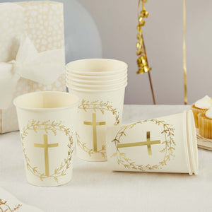 Christening & Communion Gold Cross 250ml Paper Cups