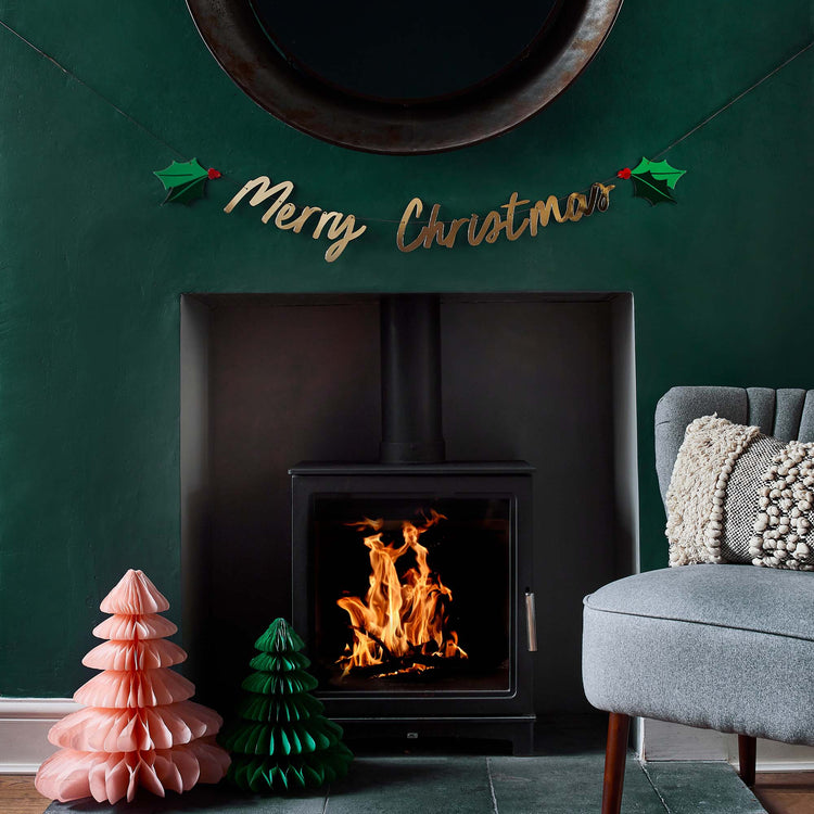 Holly Jolly Christmas Gold 'Merry Christmas' Holly Card Banner 2m