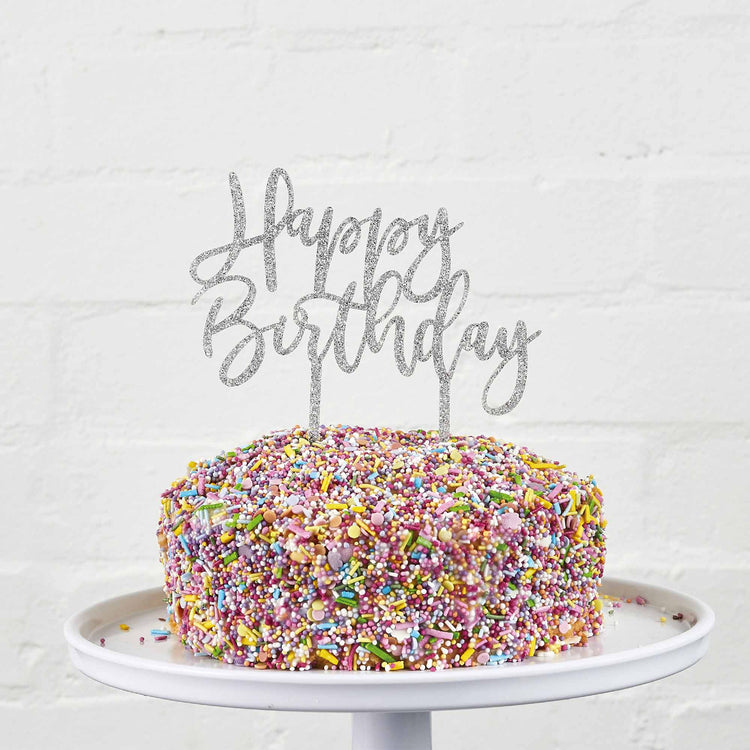 Metallic Mix Up Silver Glitter Happy Birthday Glitter Acrylic Cake Topper
