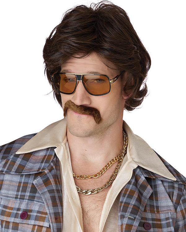 70s Disco Daddy Short Brown Wig and Moustache