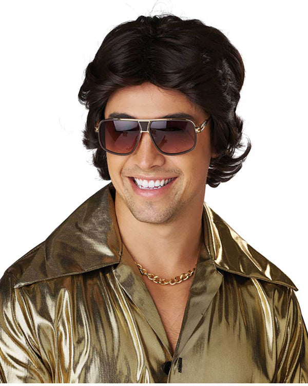 70s Feathered and Flashy Dark Brown Wig