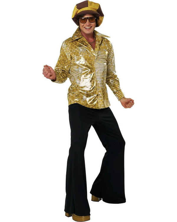 70s Gold Disco Shirt and Hat Mens Costume Kit