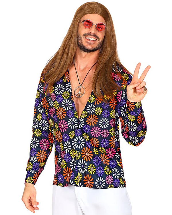 60s Groovy Blue Flowers Mens Shirt