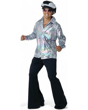 70s Silver Disco Shirt and Hat Mens Costume Kit