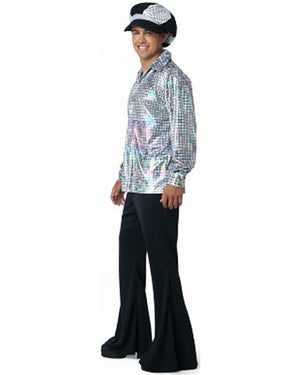 70s Silver Disco Shirt and Hat Mens Costume Kit