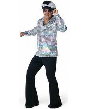 70s Silver Disco Shirt and Hat Mens Costume Kit