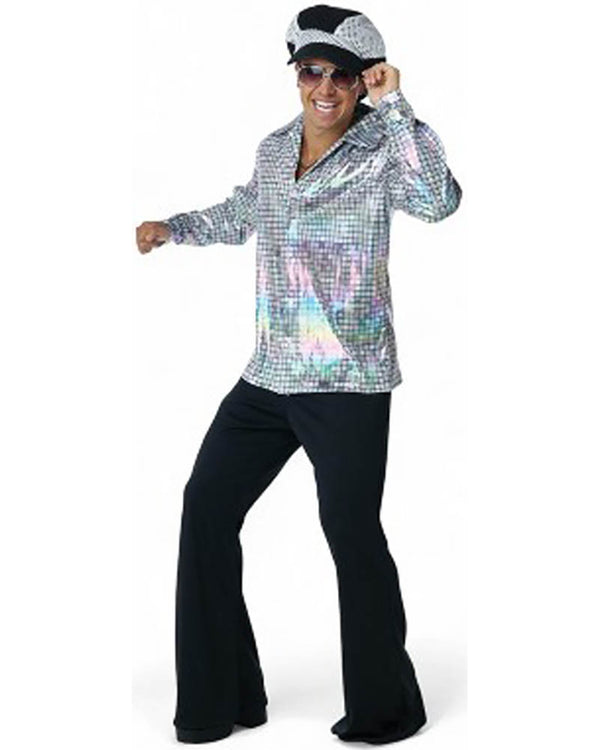 70s Silver Disco Shirt and Hat Mens Costume Kit