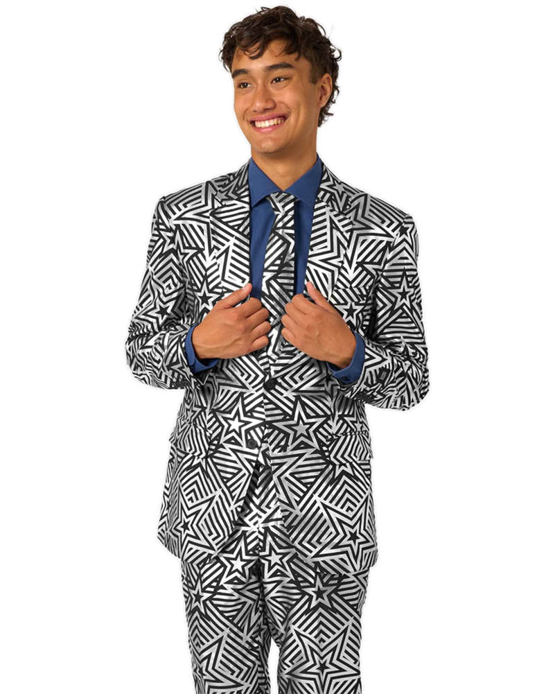 70s Silver Geo Star Opposuit Premium Mens Suit