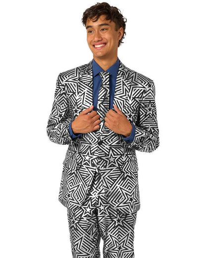 70s Silver Geo Star Opposuit Premium Mens Suit