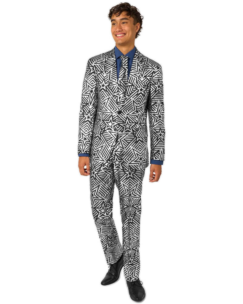 70s Silver Geo Star Opposuit Premium Mens Suit