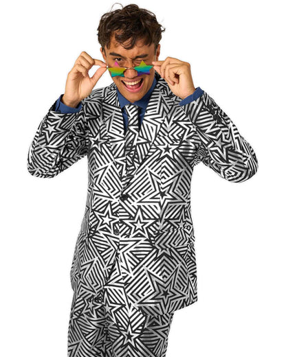 70s Silver Geo Star Opposuit Premium Mens Suit