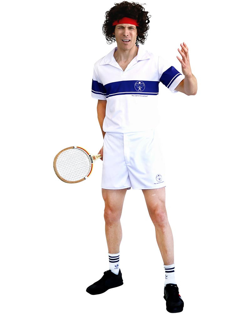 Person wearing a retro tennis outfit with a badminton racket on a white background